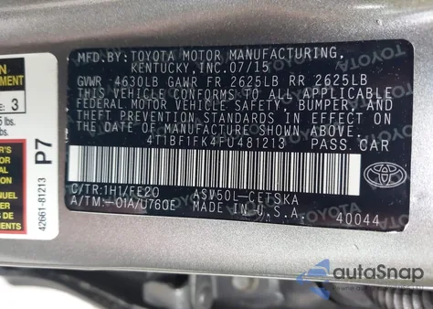 2015 Toyota Camry Xse z USA, uszkodzony, nr VIN 4T1BF1FK4FU481213